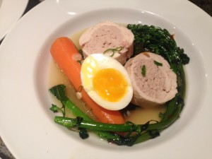 The whole chicken- Soft boiled egg, truffled carrot, garlic chile brocolini, collard greens, chicken broth, chicken roulade, chicken skin chip